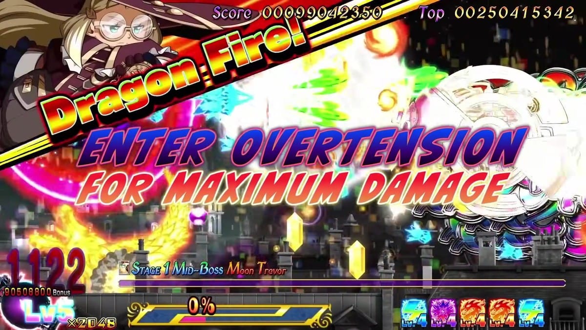 Screen flashing with 'Dragon Fire!' and 'Enter Overtension For Maximum Damage' over frantic boss action