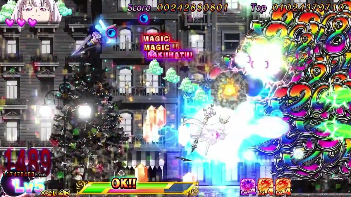 Marion from Gunbird blasting enemies alongside her companion ship with character illustration artwork on display