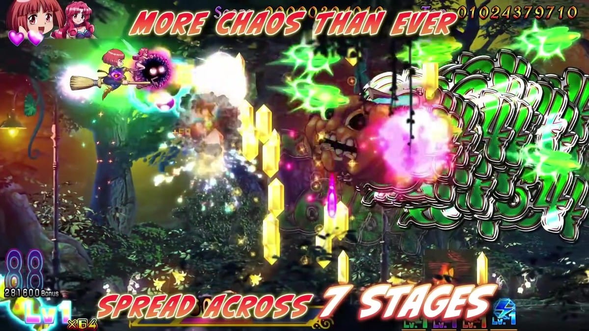 Cotton dodging dense bullet patterns against a giant winged pumpkin enemy in a lush forest stage