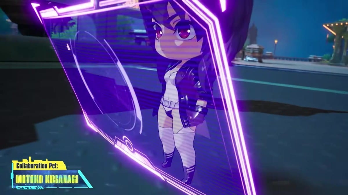Chibi Motoko Kusanagi collaboration pet deploying a purple cybernetic barrier.