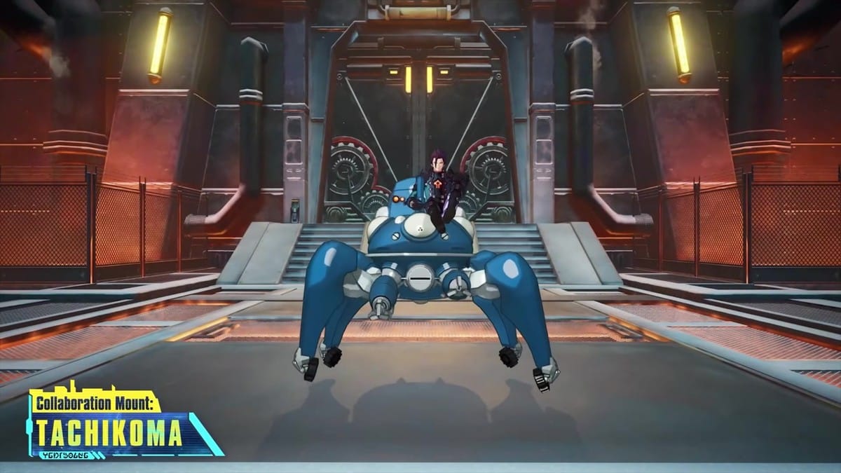 Showcase of the blue Tachikoma collaboration mount standing in an industrial hangar arena.