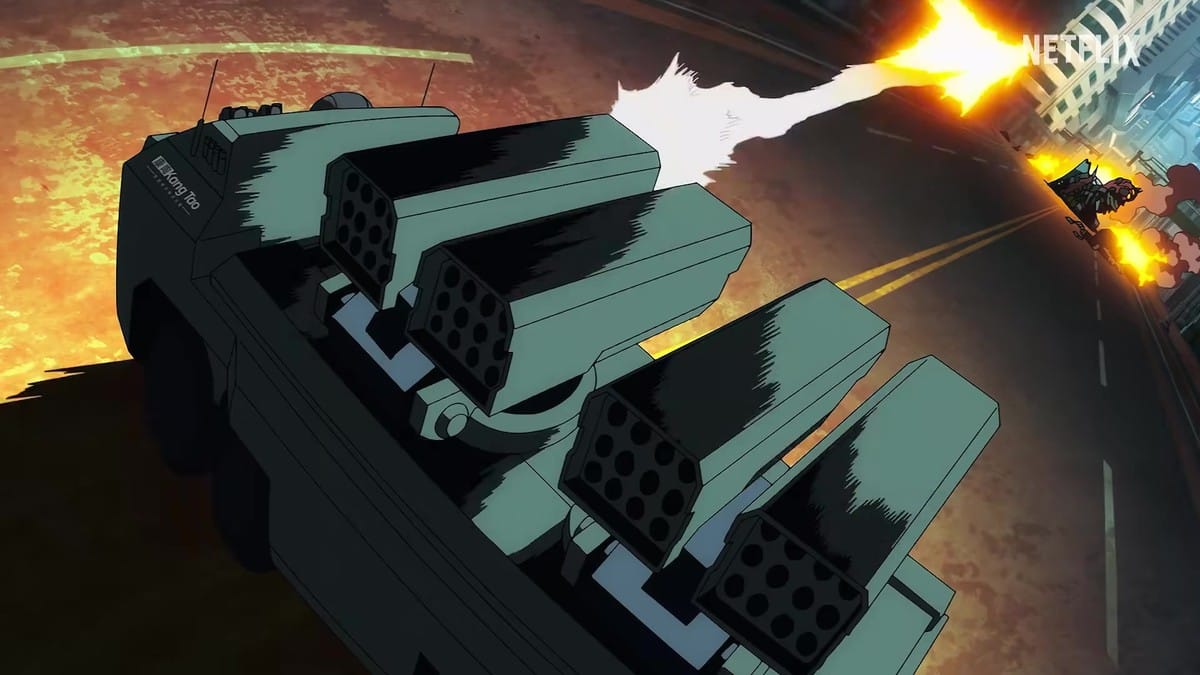 Dynamic combat action scene of a character flipping over a Kang Tao armored assault vehicle