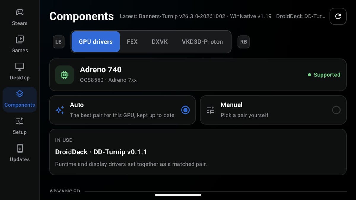 Components GPU drivers tab on an Adreno 740, set to Auto with DD-Turnip v0.1.1 in use