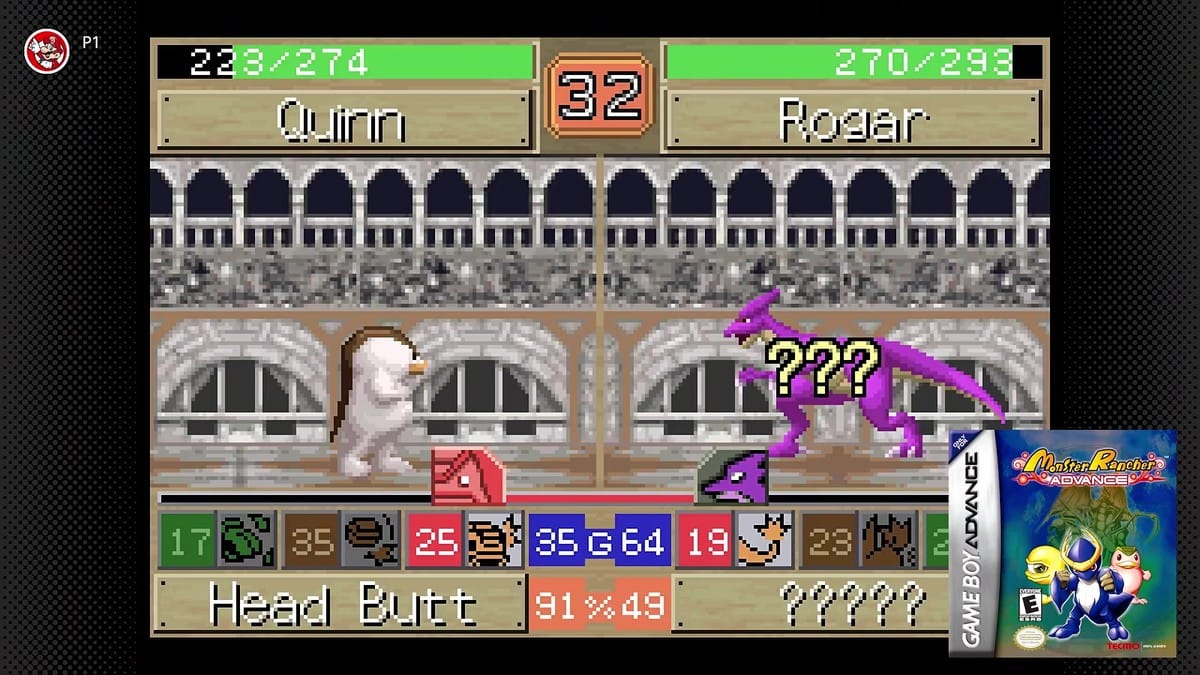 Monster Rancher Advance battle screen showing Quinn facing Rogar with attack menus visible