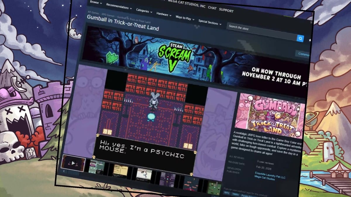 Adam holding the physical Game Boy Color cartridge of Gumball in Trick-or-Treat Land