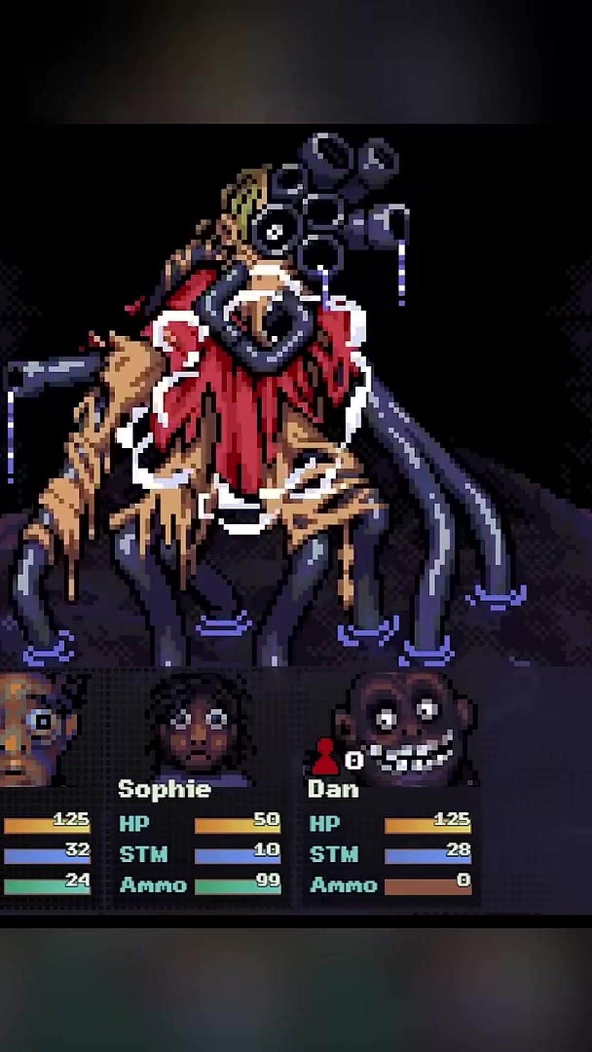 Turn-based RPG battle sequence showing party members fighting a grotesque spider-like mechanical creature