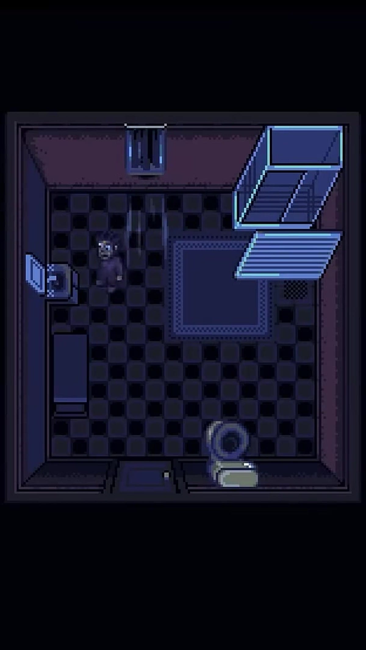 Pixel art scene of the protagonist looking in the bathroom mirror with an unsettling wide-eyed grin and text reading Strangely, you feel great.