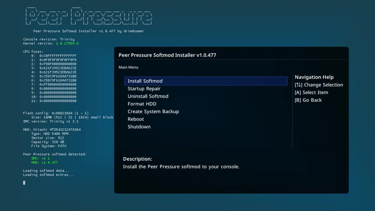 Peer Pressure Softmod Installer v1.0.477 setup interface screen