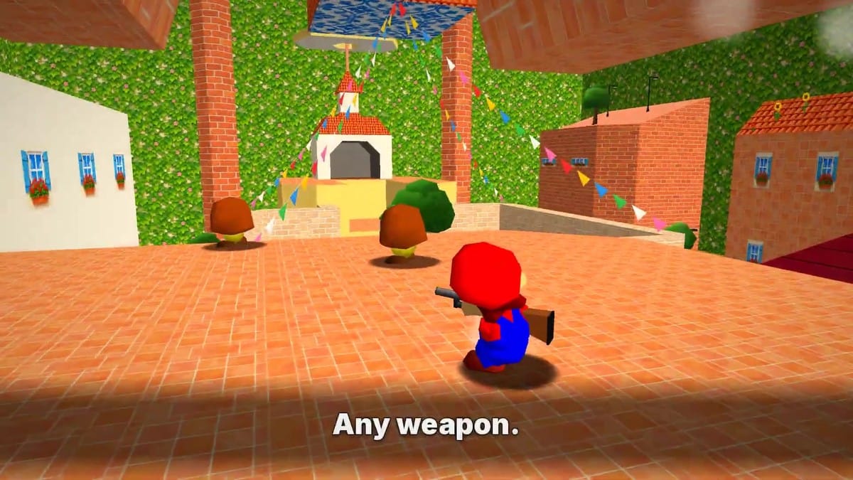 Mario holding and firing a shotgun at a Goomba in a custom arena.