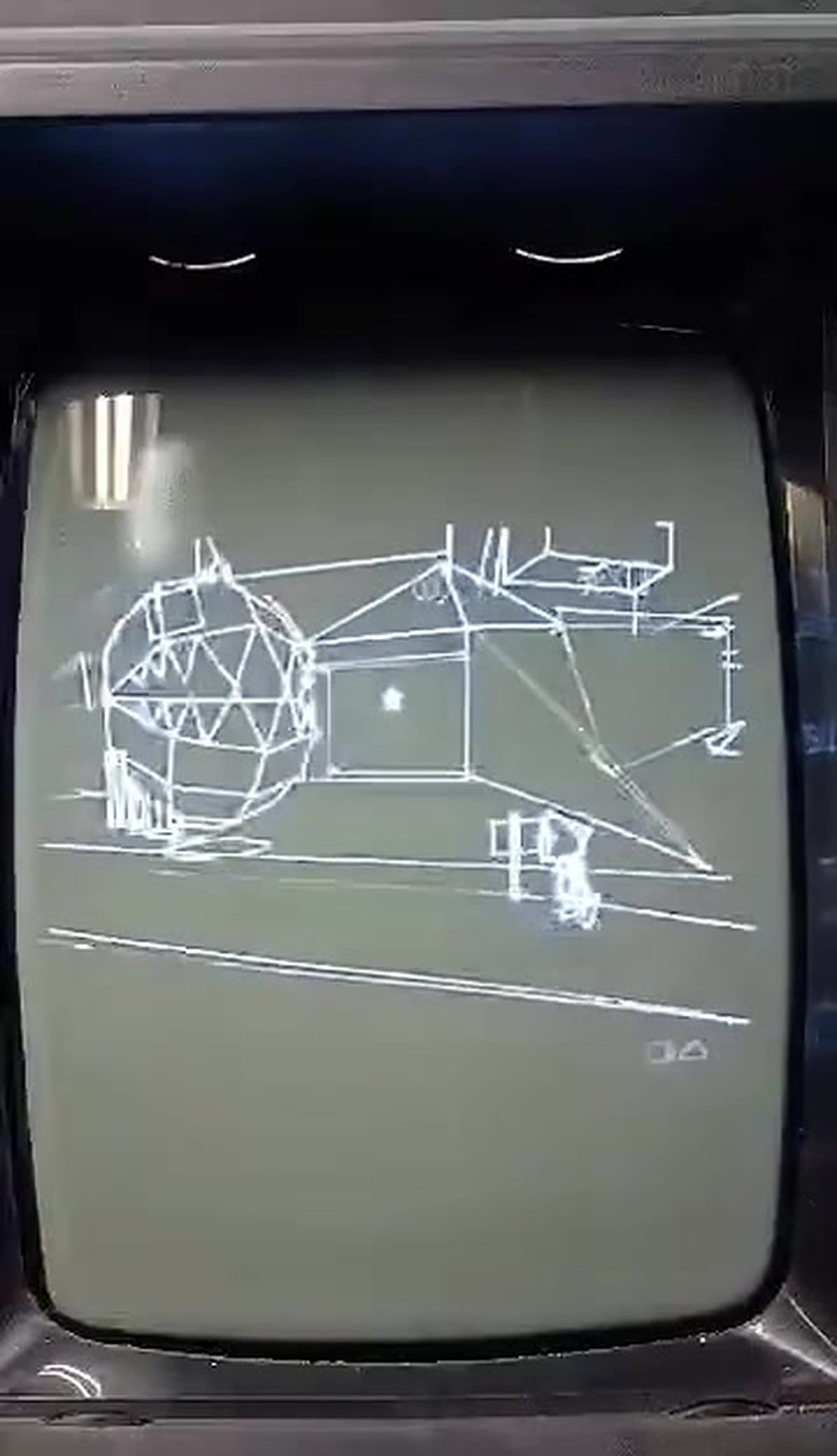 Mario confronting the Chain Chomp in Bob-omb Battlefield rendered as a wireframe sphere with sharp vector teeth