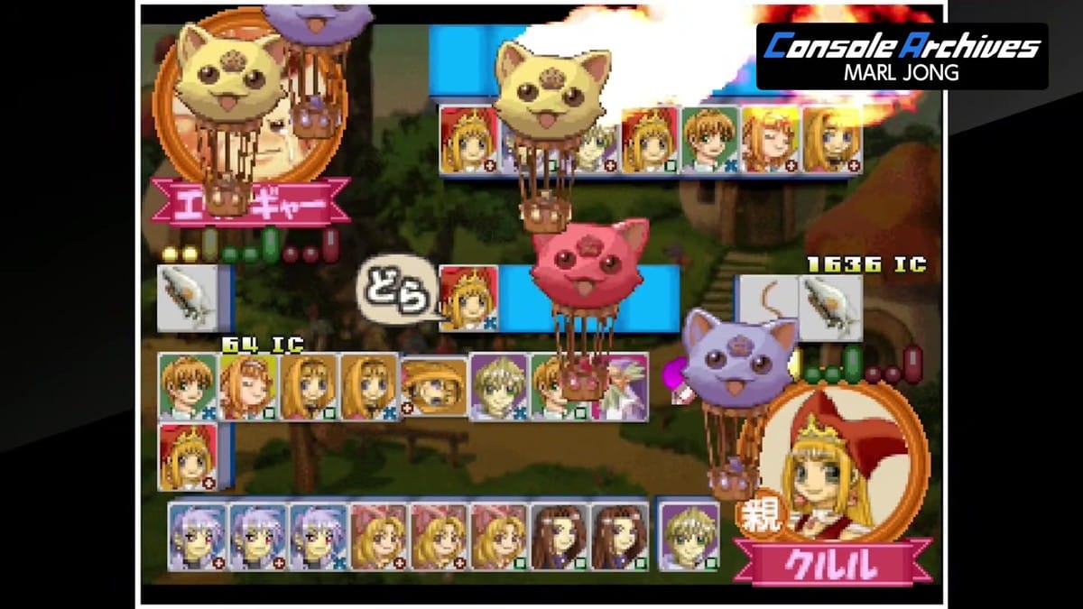 Hot air balloon cats flying across the screen amidst explosions during a special tile trigger