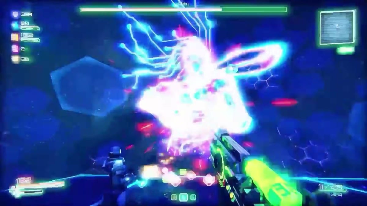 A battle against a glowing holographic neon digital entity named 'Abby'.