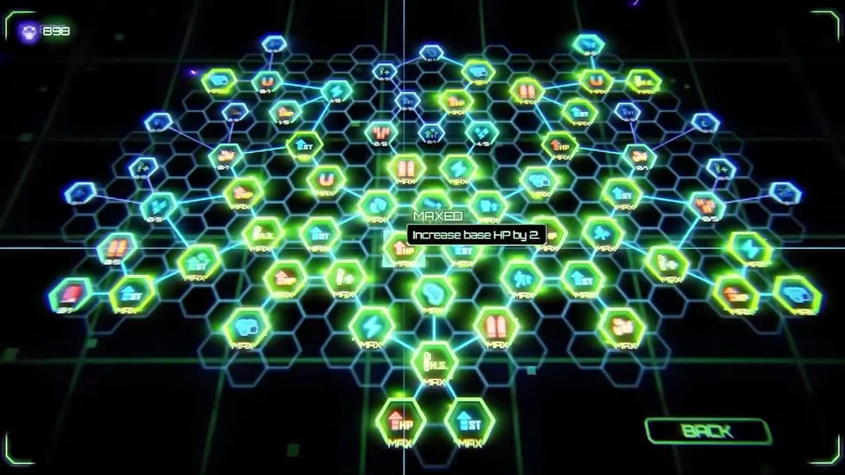 The intricate hexagonal passive skill and upgrade tree interface showing permanent upgrades.