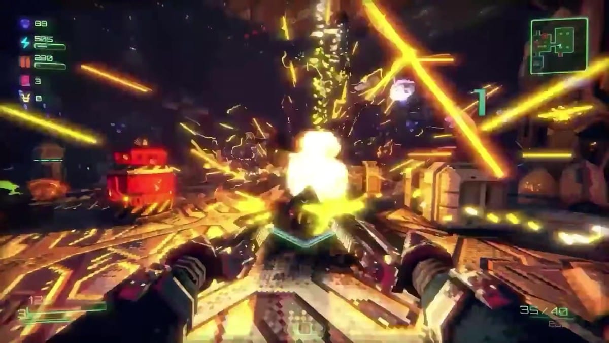 First-person perspective firing an explosive heavy weapon in a neon-lit futuristic hall filled with enemies.
