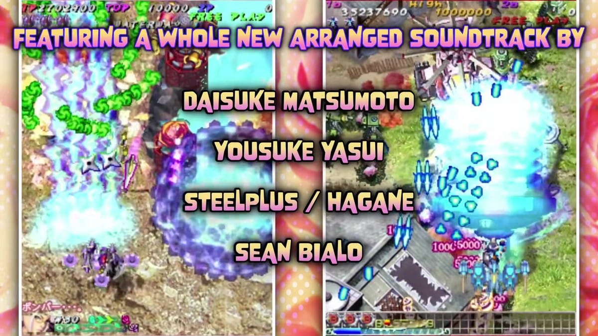 Side-by-side gameplay overlaid with credits for the new arranged soundtrack composers (Daisuke Matsumoto, Yousuke Yasui, Steelplus/Hagane, Sean Bialo).