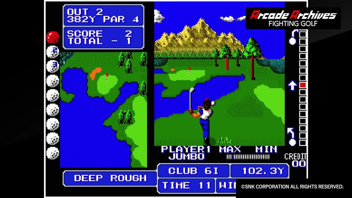 Player hitting an iron shot from the deep rough towards the water hazard on Hole 2.