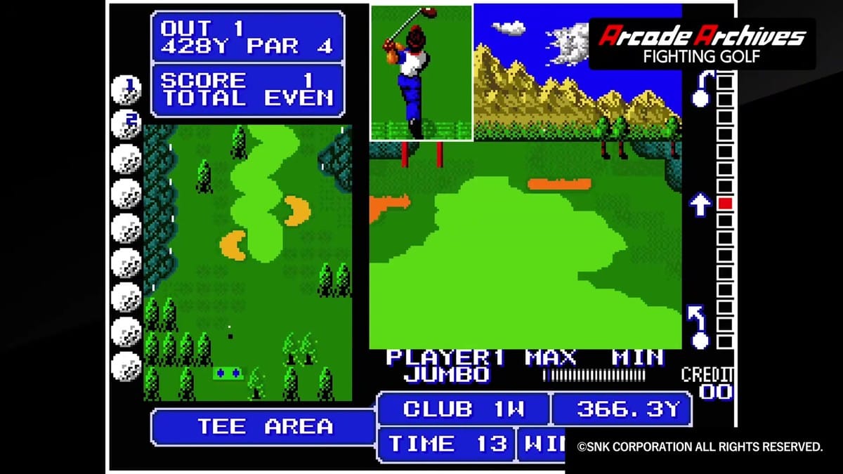 Golfer mid-swing on the tee box of Hole 1 with UI gauges showing club selection, wind, and course map.