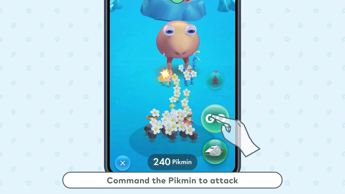 Smartphone gameplay footage showing real-time Pikmin swarm combat against a Bulborb in Pikmin Bloom's Secret Caves mode.