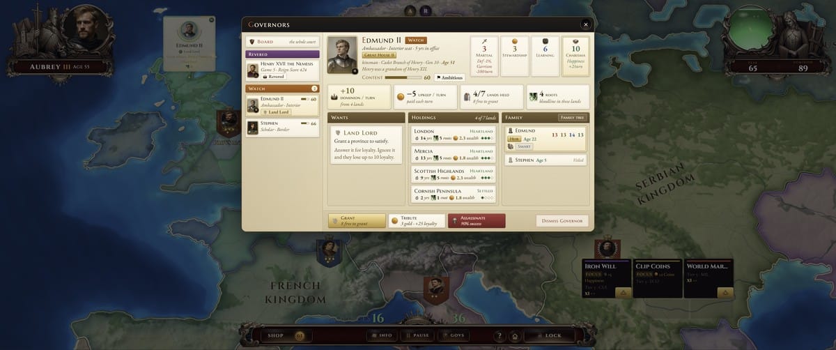 Gameplay screenshot from Emperus showing the strategy map and faction interface
