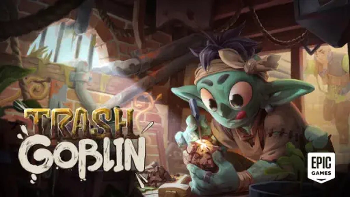 Promotional artwork for Trash Goblin showing a fantasy shopkeeper cleaning trinkets