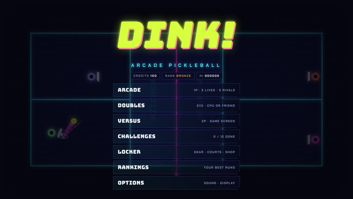 Neon court gameplay in DINK! Arcade Pickleball