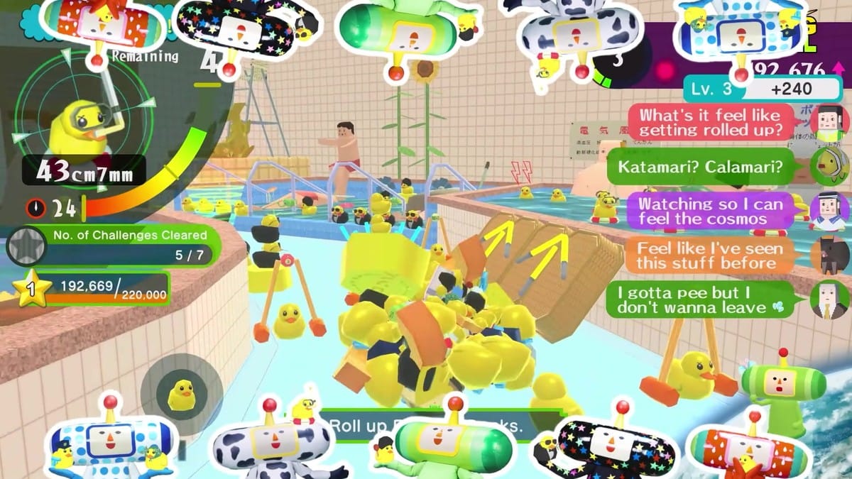 Gameplay rolling up an enormous cluster of rubber ducks in a public bathhouse.