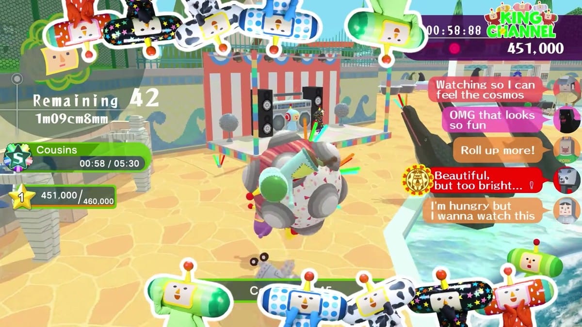 Gameplay showing a beachside hide-and-seek stage styled like a live stream overlay.