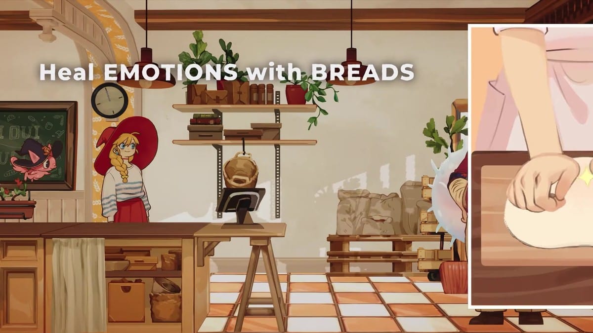 First-person baking mini-game showing dough kneading alongside dialogue interaction with customer Kei