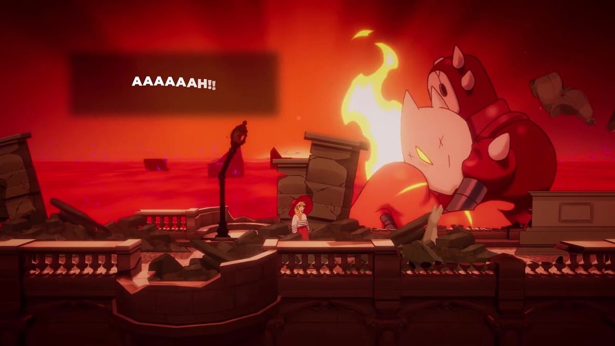 Platforming segment inside a person's heart featuring giant combatants and fantasy scenery