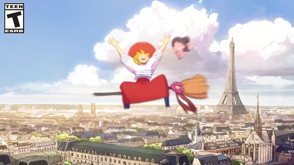 Lunne the witch and her pink familiar flying on a broom over Paris with the Eiffel Tower in the background