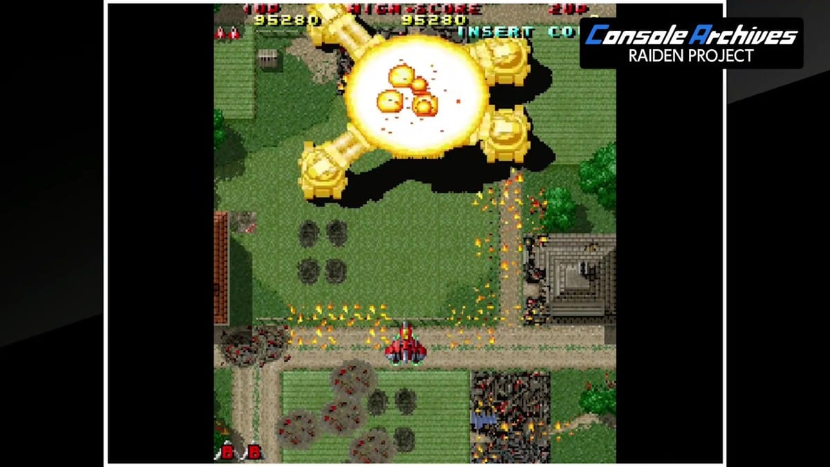 Fiery explosion engulfing the screen as the giant walker boss is defeated in Raiden II