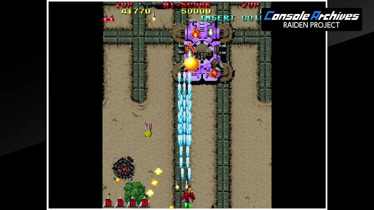 Red fighter jet firing blue laser spreads at twin mechanical tank bosses in Stage 1 of Raiden