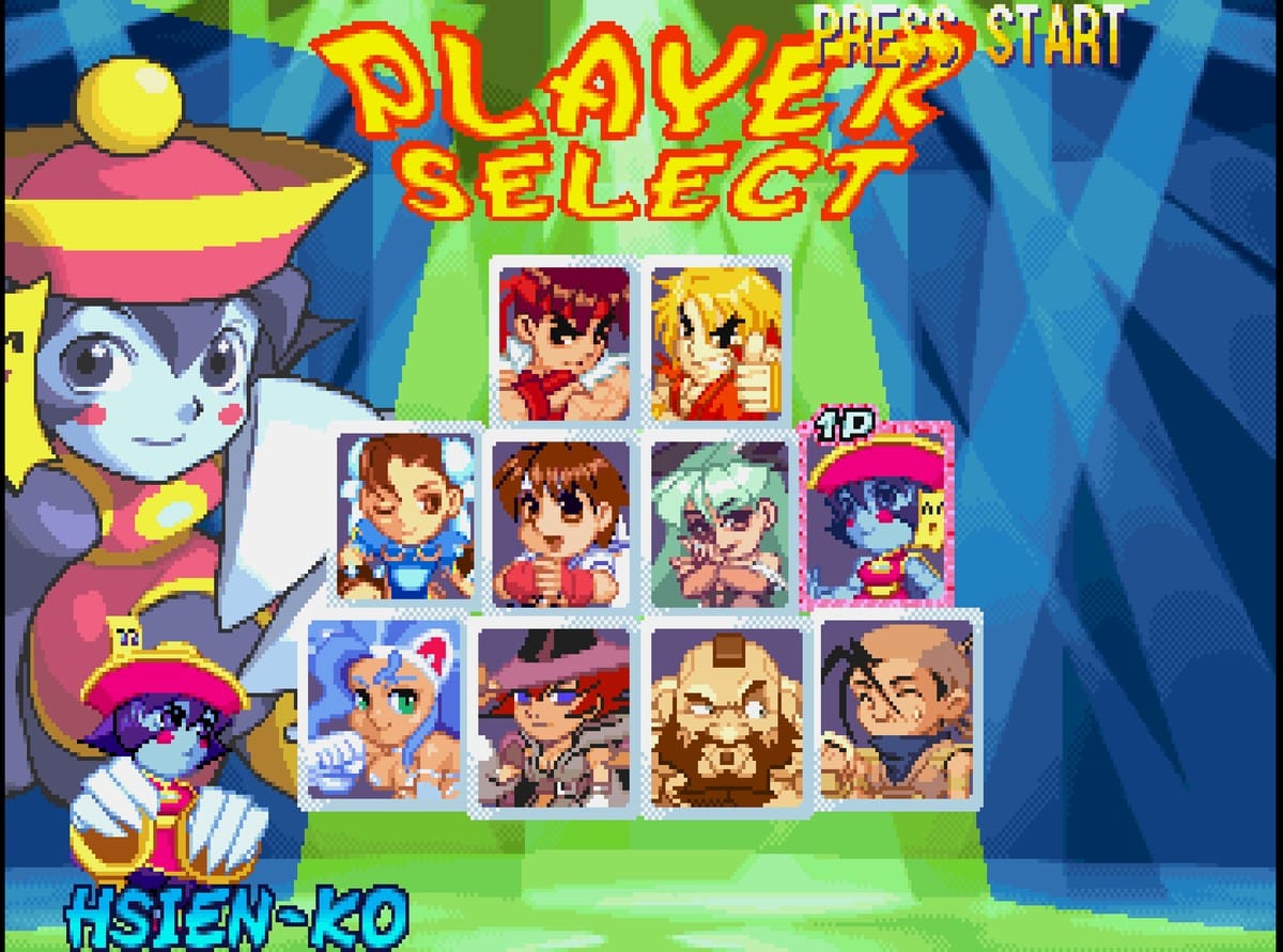 Pocket Fighter Mini Mix title screen on Sega Saturn showing the restored English banner