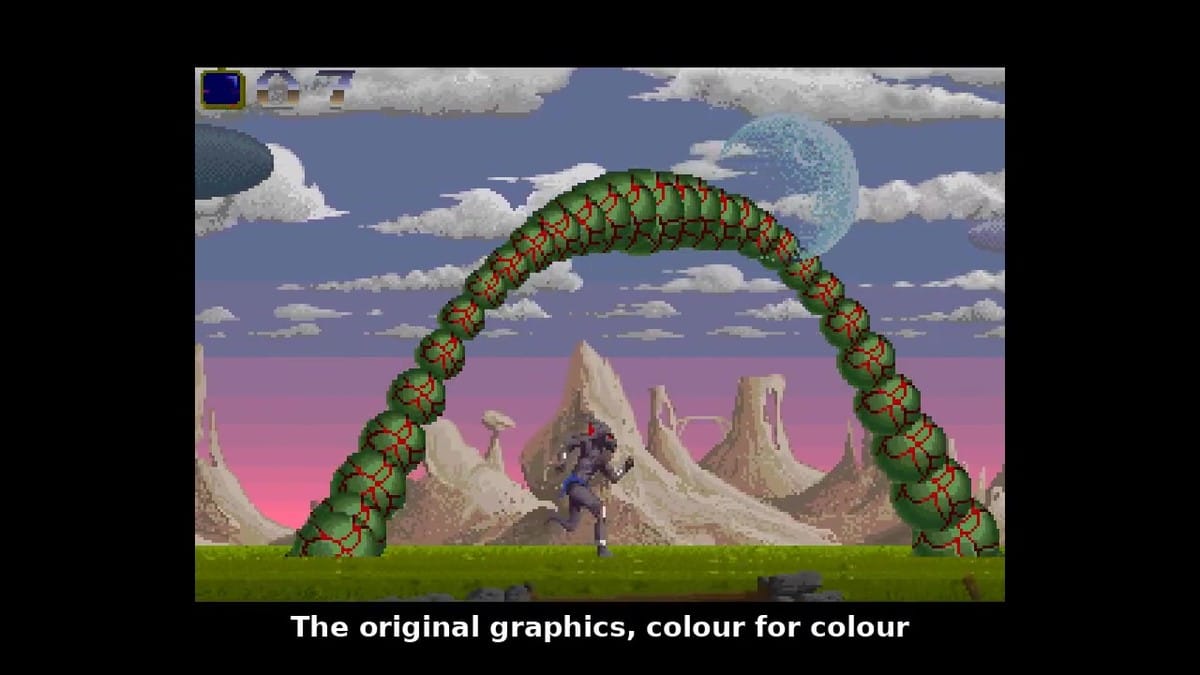 The protagonist leaping through the giant segmented green serpent arching across the pink sunset sky.