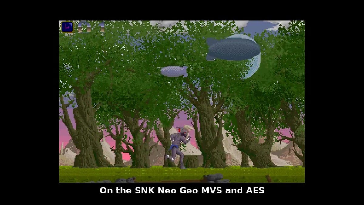 Gameplay shifting to the lush green forest canopy with blimps flying in the background.