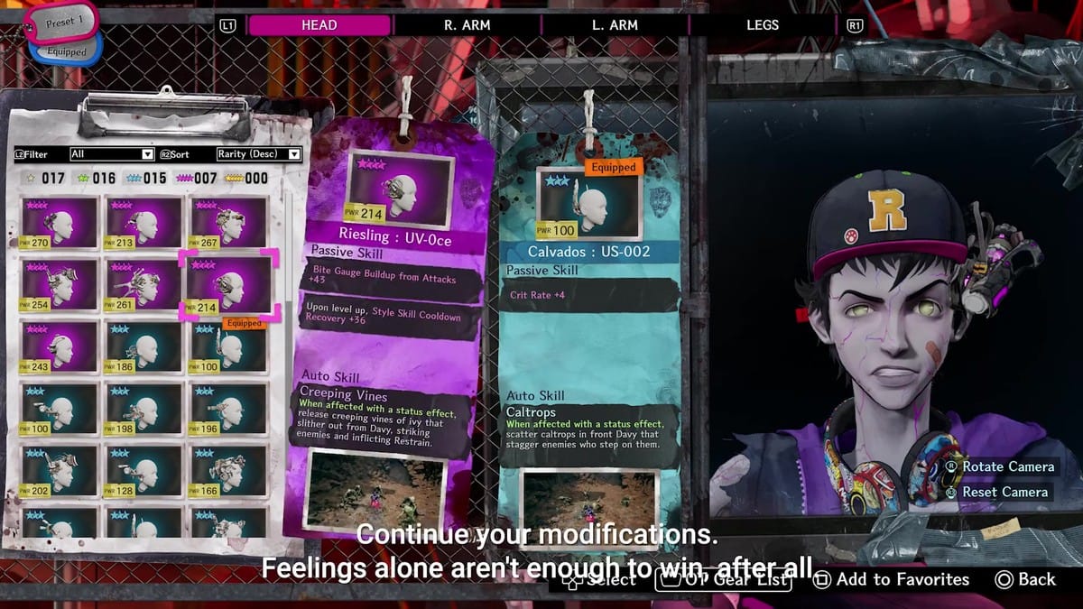 Equipment and body modification menu detailing body parts and stat changes