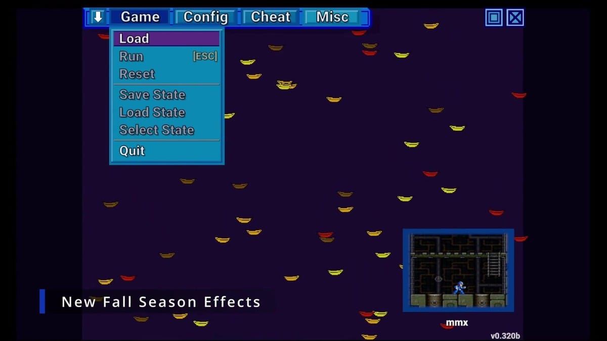 Classic blue ZSNES menu interface running over a falling autumn leaves seasonal effect animation