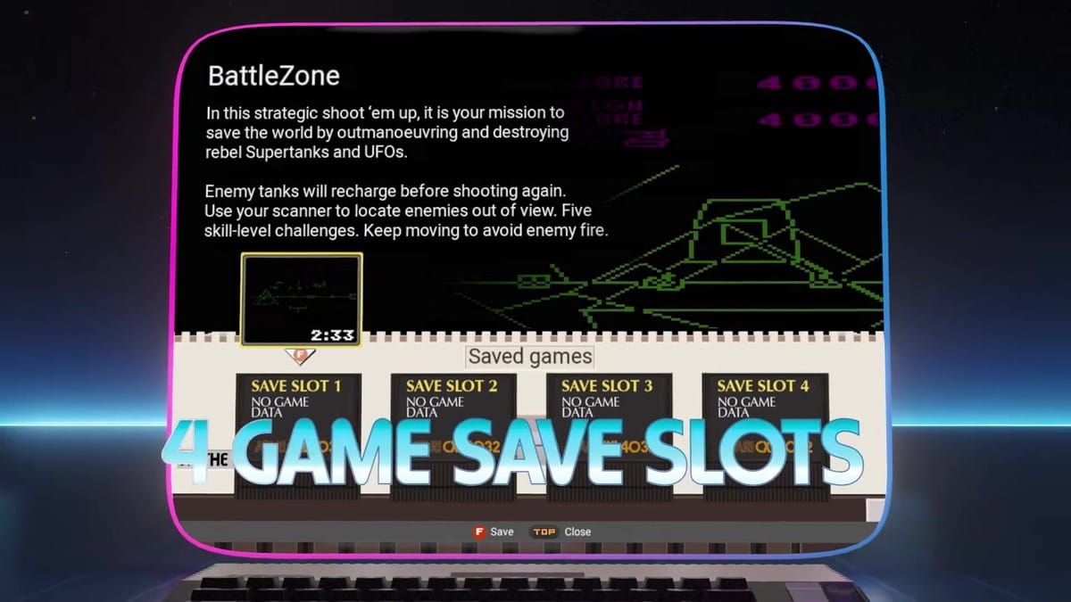 UI screen displaying BattleZone alongside 4 save game slots.