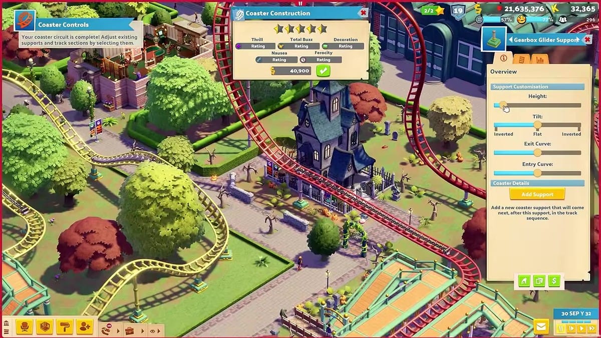 In-game roller coaster construction interface displaying height, tilt, curves, and track ratings