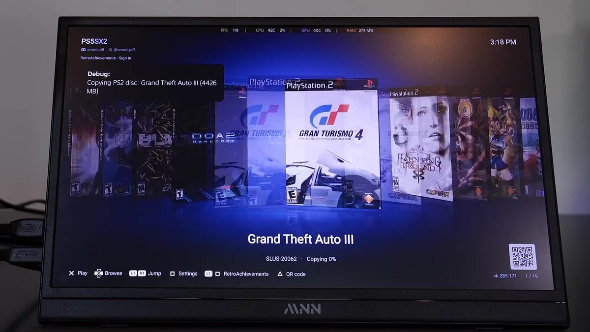 PS5SX2 interface displaying options to play Grand Theft Auto III from disc or copy to storage