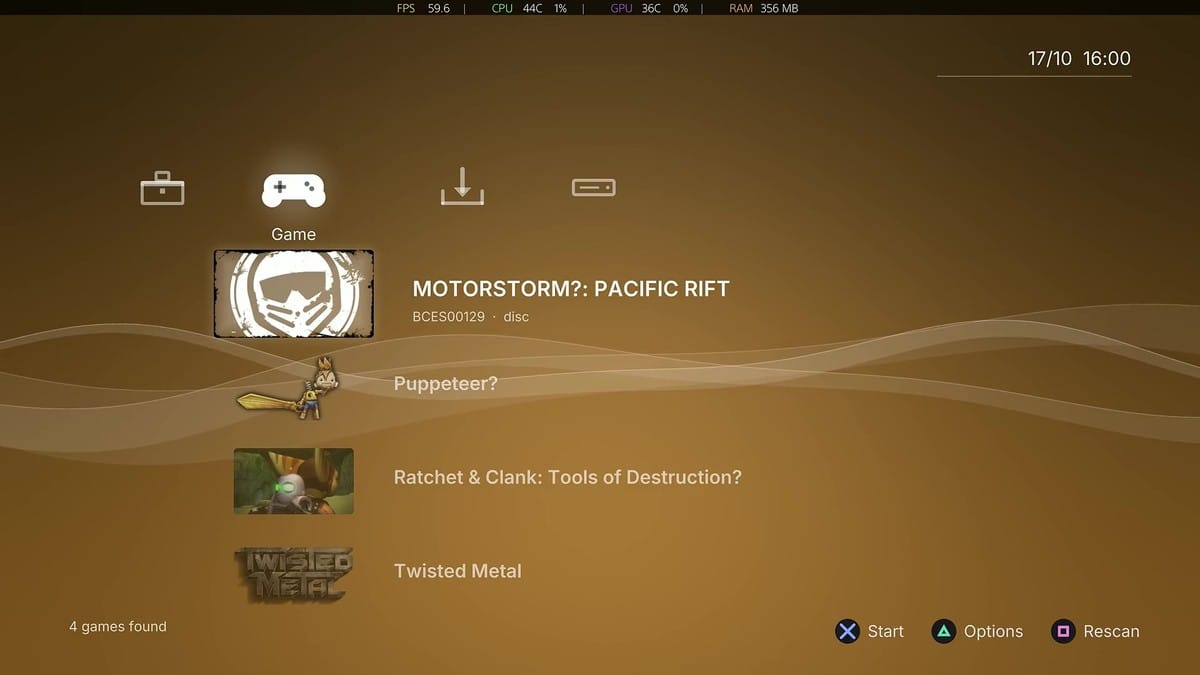 RPCS3-5 frontend interface running on PS5 showing a detected disc for MotorStorm: Pacific Rift