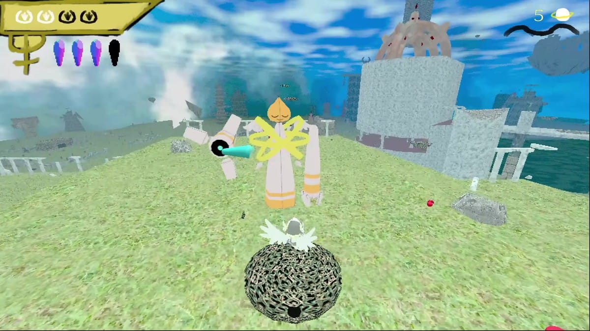 Combat encounter where the player character flies up to strike a colossal, multi-legged golden boss creature.