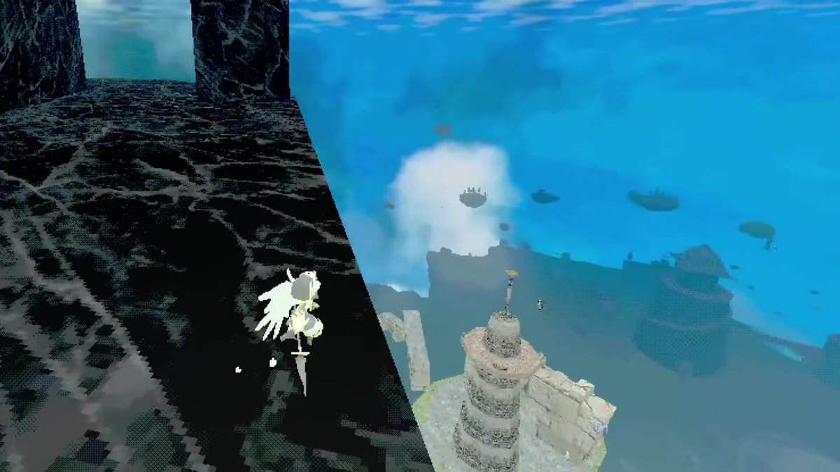 The winged valkyrie protagonist glides off a dark cliff face overlooking a floating tower island and distant sky ruins.