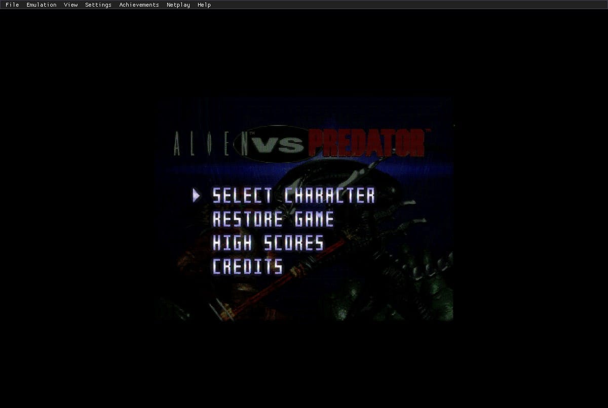 The Alien vs Predator menu drawn through the CRT-Royale shader preset