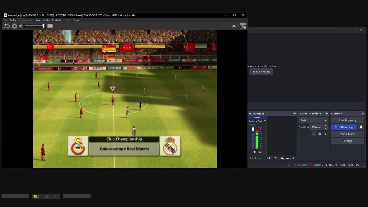 In-game kick-off at the Ali Sami Yen stadium with Galatasaray vs Real Madrid match HUD active