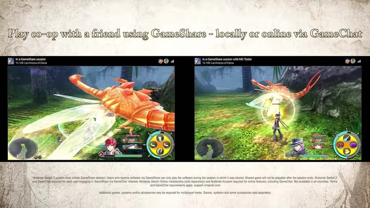 Split-screen side-by-side gameplay highlighting GameShare co-op functionality locally and online.
