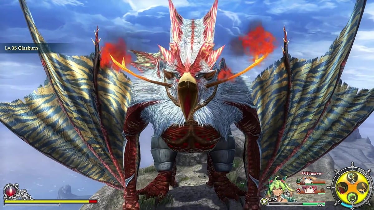 Close-up cinematic encounter of the boss monster Giasburn flaming its wings.