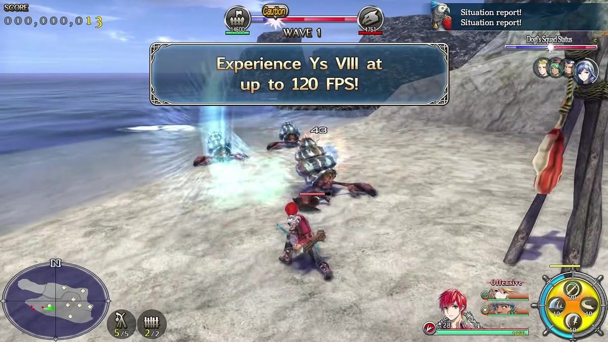 Combat footage displaying banner: 'Experience Ys VIII at up to 120 FPS!'