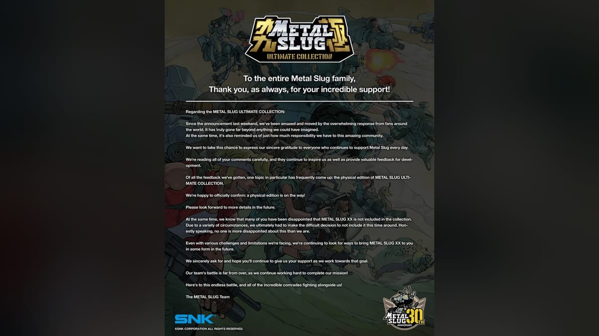 Metal Slug Ultimate Collection is getting a physical edition