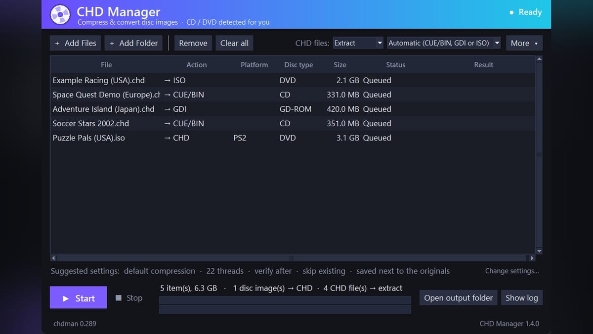 CHD Manager 1.4 adds direct ISO extraction and disc recompression